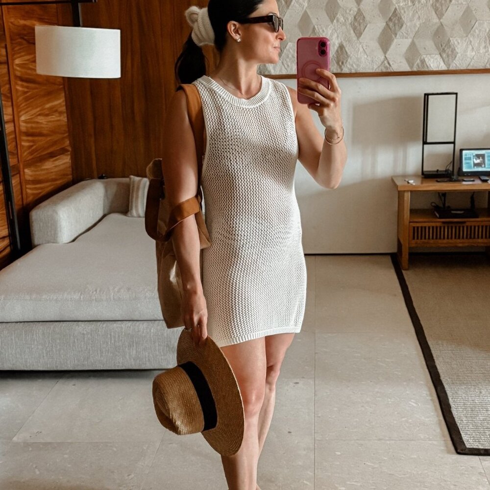 LAST ONE Nina Crochet Long Line Side Slit Cover Up Tank in Ivory